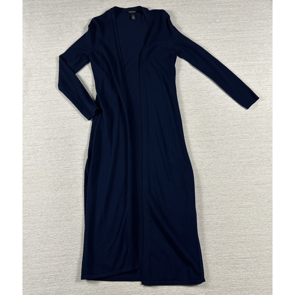 Long Duster Cardigan Open Front Minimalist Travel Capsule Navy WHBM XS Capsule